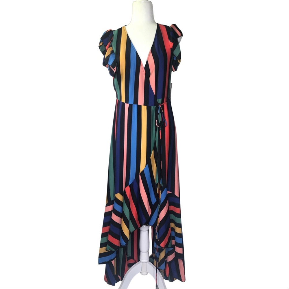 NWT Tyche Multi Color Striped Wrap Maxi Dress Sz M